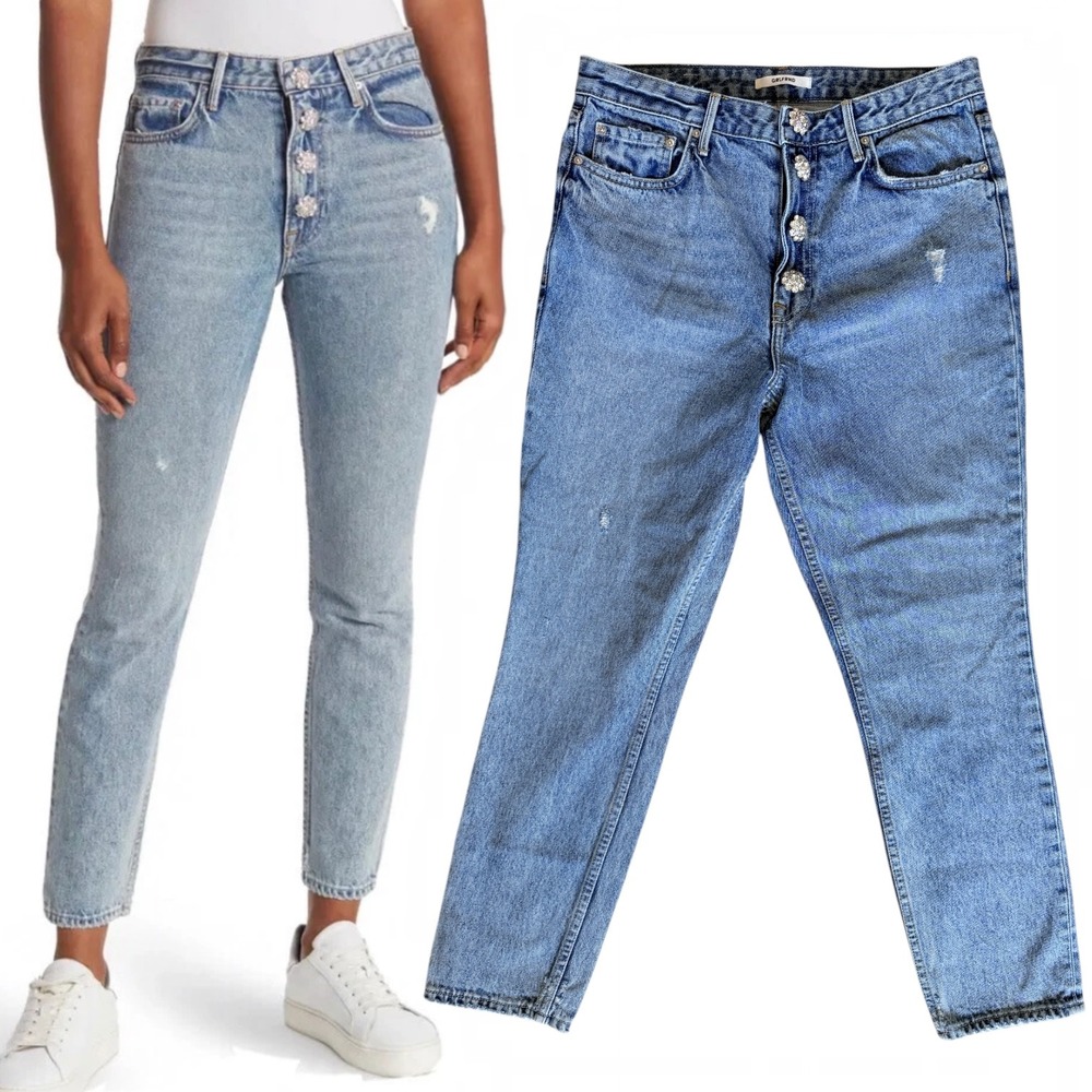 GRLFRND Karolina High Rise Rhinestone Button Fly Jeans Blue 29